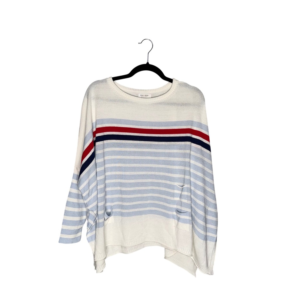 Mer Sea Sweater Womens OS White Blue Striped Excellent Nautical Coastal Knit‎